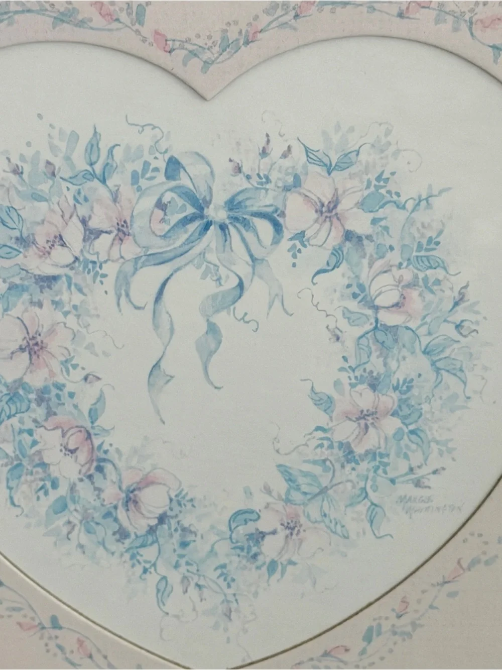 Vintage Cottagecore Framed Floral Heart Bow Wreath Print Shabby Chic Wall Art